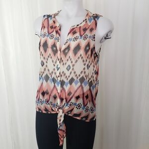 Lucky Brand sleeveless ikat pattern front tie shirt pink blue size small